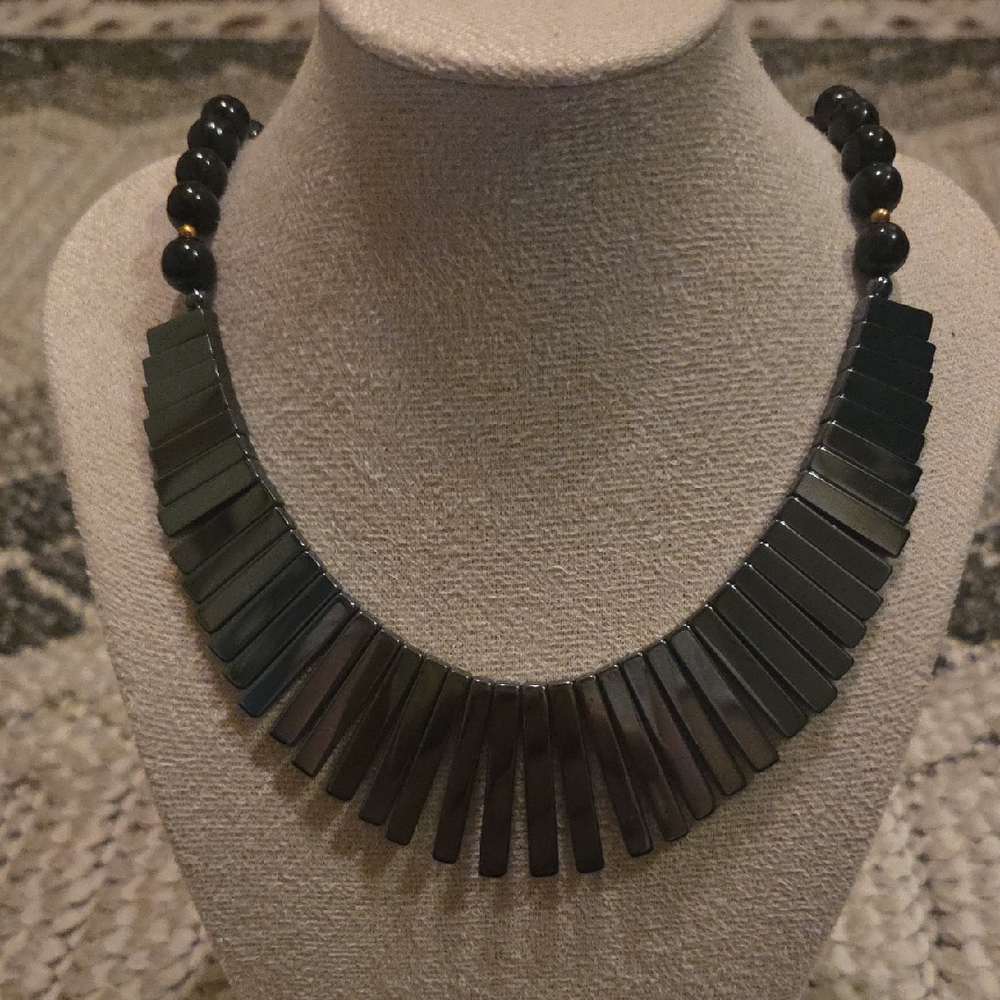 Hematite fringe bib necklace with shungite beads, Euc.